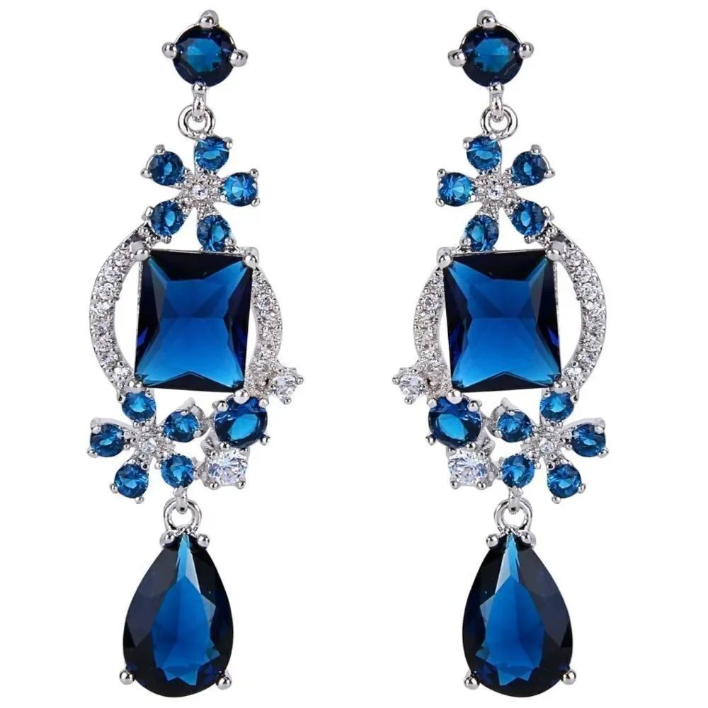 Silver with Blue Sapphire and White Diamond CZ Floral Chandelier Post Earrings